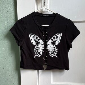 Fashion Nova Black and White Butterfly Ring Crop Top